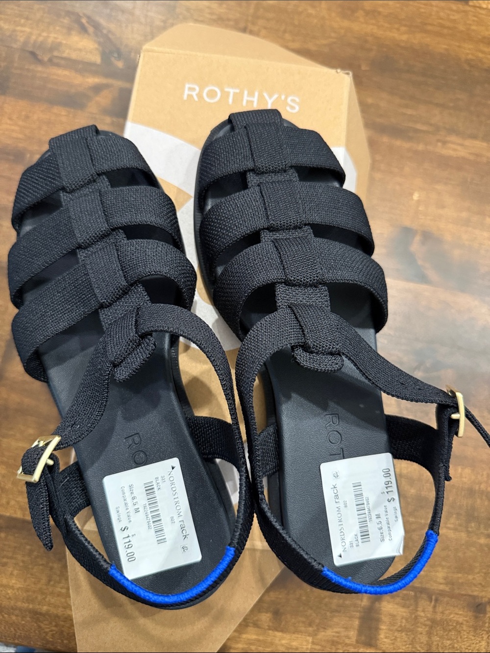 Rothy's Black Strappy Womans Sandals with Blue Accent 7.5 NIB